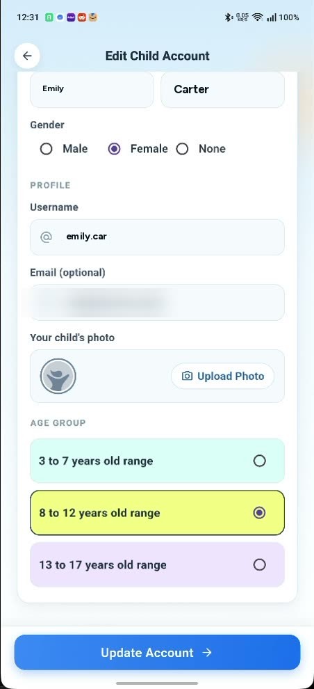 The Edit Child Account screen with the age group options 3 to 7, 8 to 12 and 13 to 17, with 8 to 12 selected, above an Update Account button.