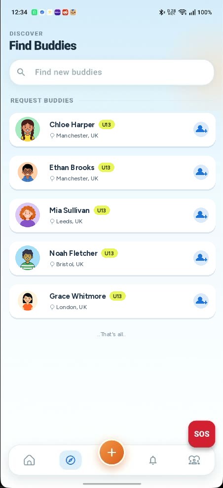 The Find Buddies screen: children the same age each shown with a photo, a name, a U13 badge and their city, with an add button beside each one.