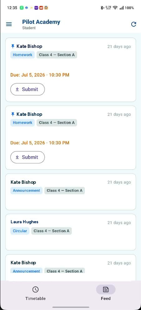 A student's school feed at Pilot Academy: homework posts tagged Class 4 Section A with a due date and a Submit button, plus announcement and circular posts from teachers.