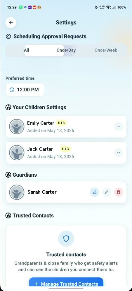 The parent Settings screen: a Scheduling Approval Requests control offering All, Once/Day and Once/Week with Once/Day selected, a preferred time of 12:00 PM, and below it Your Children Settings, Guardians and Trusted Contacts.