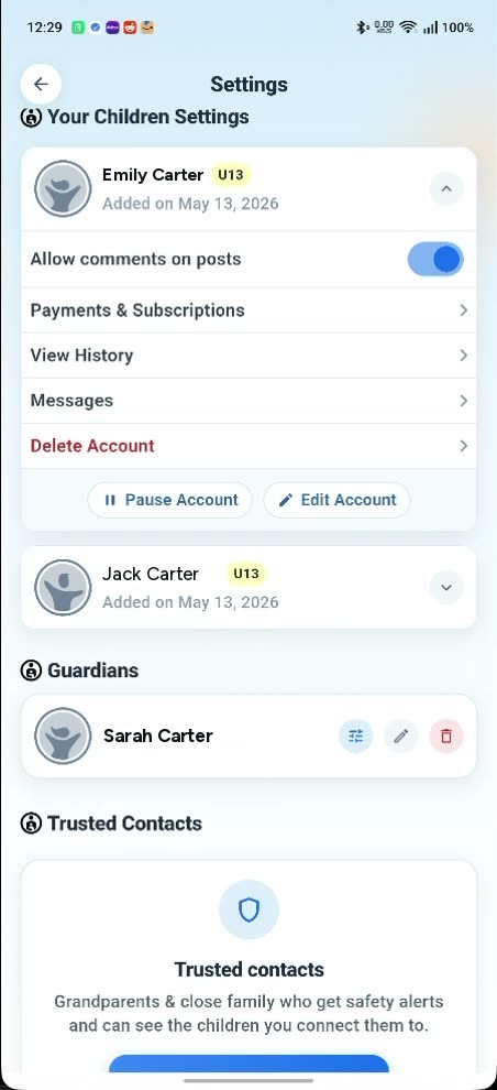 The Your Children Settings screen: a card for Emily Carter with an Allow comments on posts toggle, Payments and Subscriptions, View History, Messages, Delete Account, and Pause Account and Edit Account buttons.