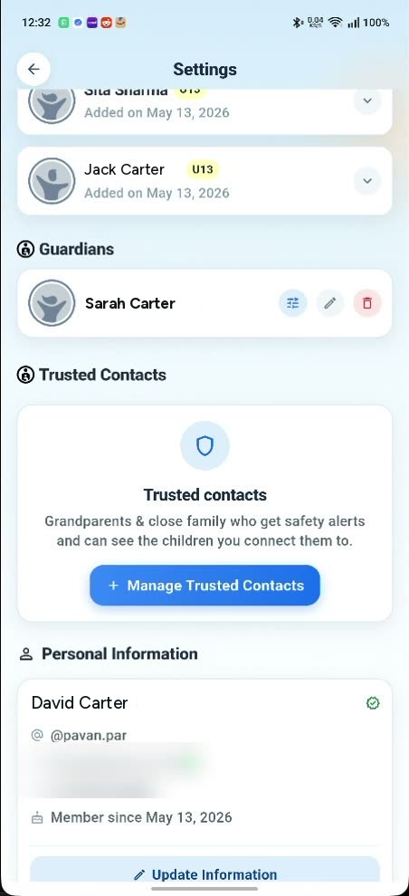 The lower half of the parent Settings screen: a Guardians section listing a second parent, and a Trusted Contacts card describing grandparents and close family who get safety alerts and can see the children you connect them to.