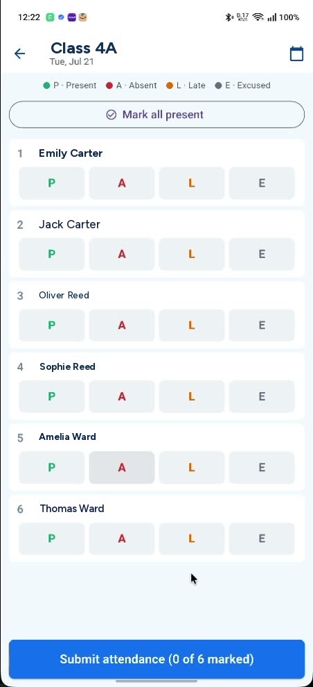 A register for Class 4A as it opens: a legend for Present, Absent, Late and Excused, a Mark all present button, six named children with none of P, A, L or E chosen yet, and a Submit attendance (0 of 6 marked) button.