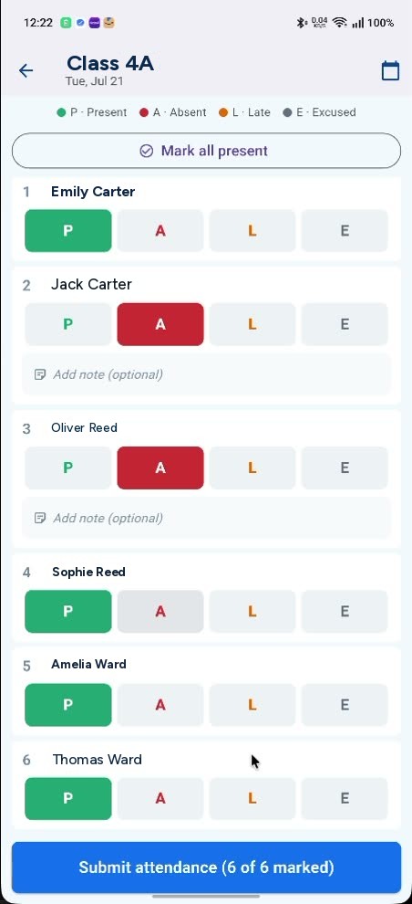 A teacher's finished register for Class 4A: present, absent, late and excused marked per student, above a submit button.
