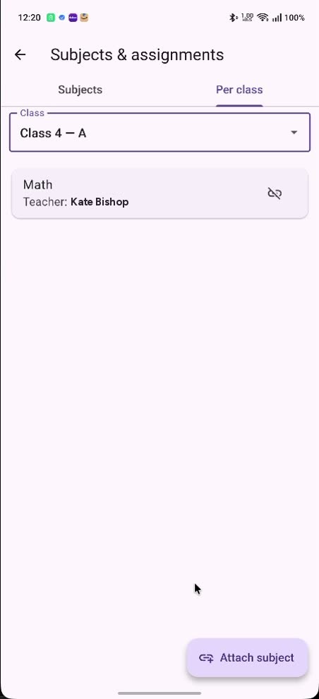 The Subjects and assignments screen on the Per class tab, with Class 4A selected and Math assigned to Teacher Kate Bishop, above an Attach subject button.