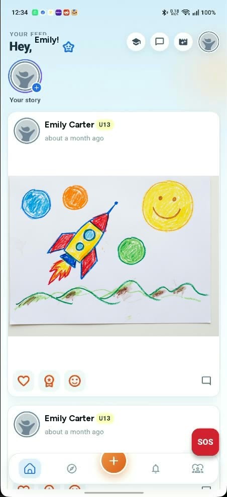 A child's YoungCreator feed: the greeting Hey, Emily!, a story ring, a post of her own badged U13 showing a crayon drawing of a rocket, reaction buttons underneath, and a red SOS button above the tab bar.