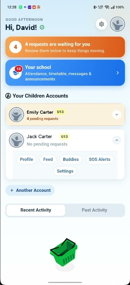 The parent dashboard opened out: four requests waiting, listed line by line with what each child has asked for.