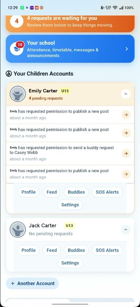 A parent's YoungCreator dashboard: the greeting Hi, David!, a banner reading 4 requests are waiting for you, a Your school card, and a card for each child showing their pending request count.