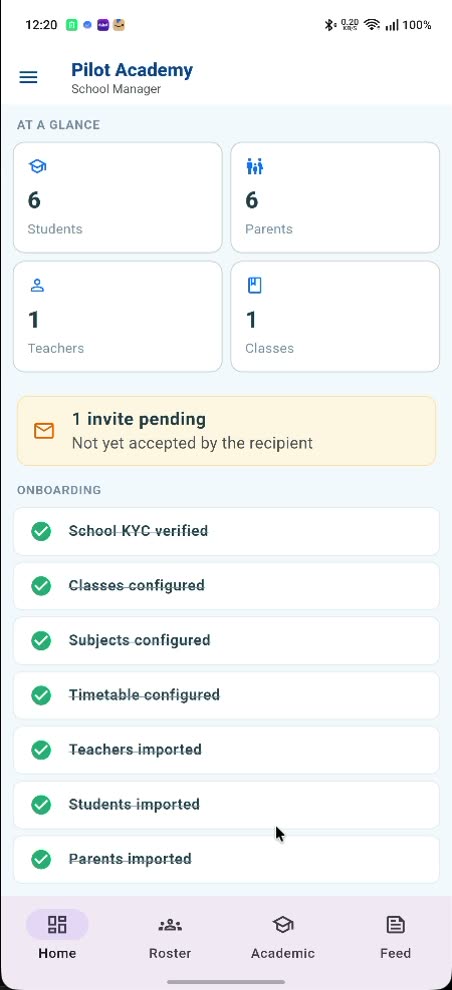 The YoungCreator School Manager home screen, with student and teacher counts and the onboarding checklist.
